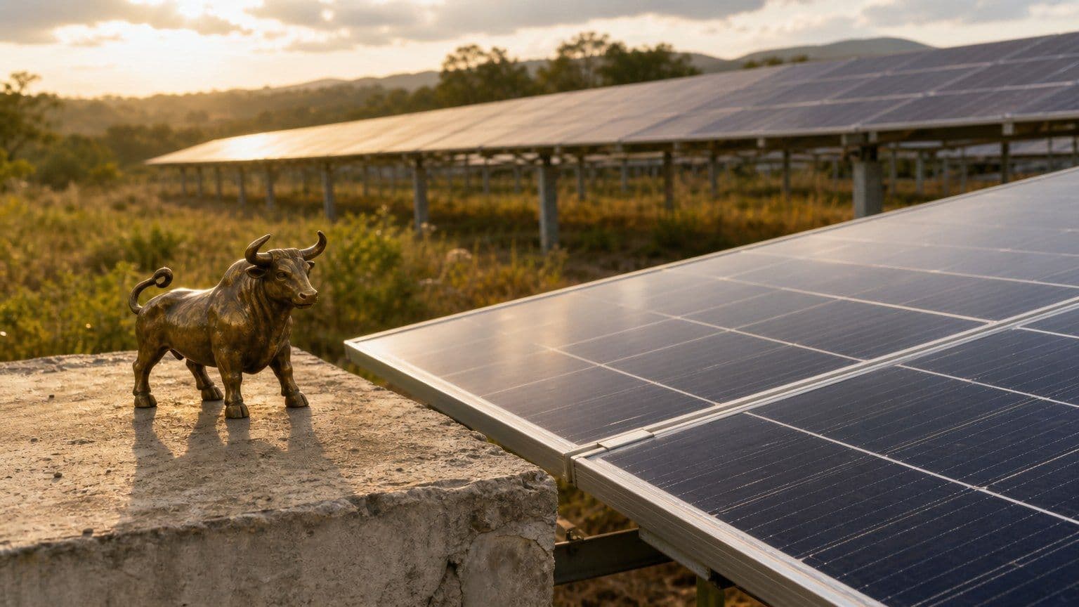 Napelempark fotovoltaikus paneljei mellett egy kis, jelöletlen rézbika áll a délutáni fényben.